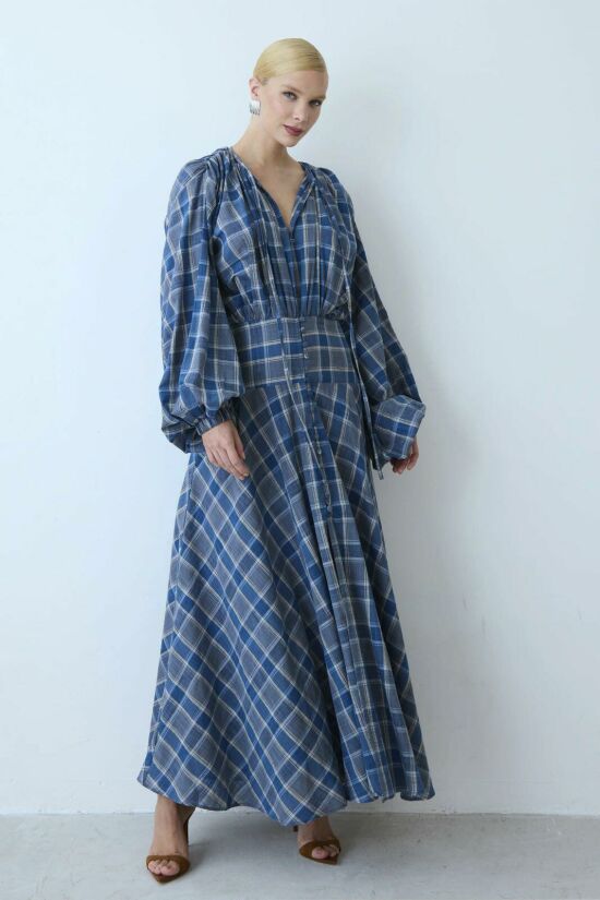 Imagem de Vestido Longo Mangas Bufantes Cós Largo Botões Frontal Azul Zen